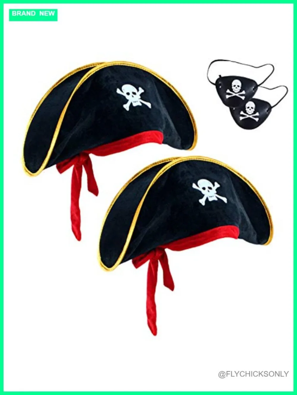 Pirate Captain Costume Hat Set with Eye Patches - Adjustable Plush Velour Party